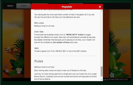 Jungle Jump Slot Machine Paytable Screen