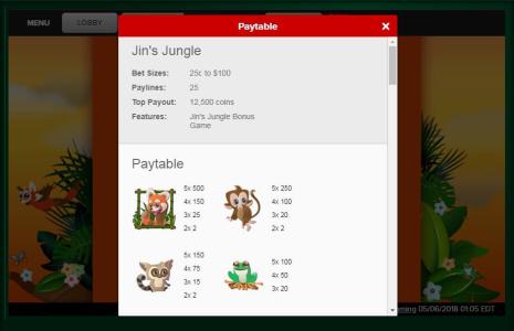 Jungle Jump Slot Machine Paytable Screen