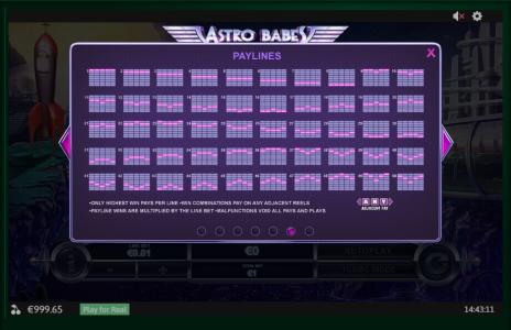 Astro Babes Slot Machine Paylines Screen