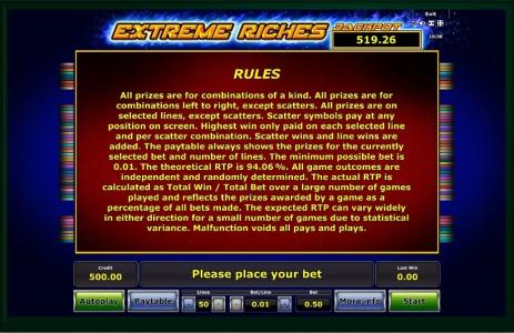 Extreme Riches Slot Machine Game Rules Screen