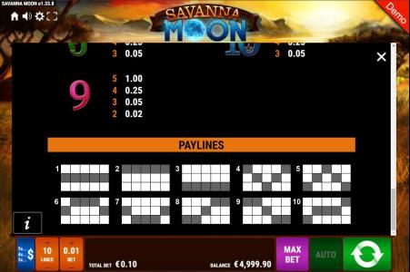Savanna Moon Slot Machine Paylines Screen