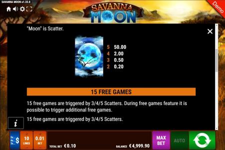 Savanna Moon Slot Machine Paytable Screen