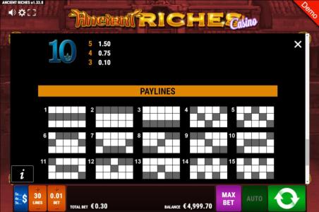 Ancient Riches Slot Machine Paylines Screen