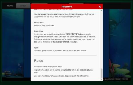 Wonders of the Deep Slot Machine Game Rules Screen