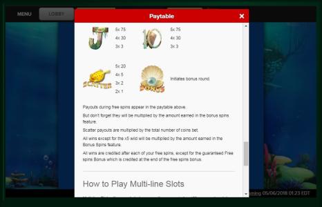 Wonders of the Deep Slot Machine Paytable Screen