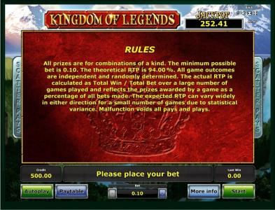 Kingdom of Legends Slot Machine Game Rules Screen