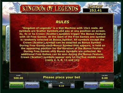 Kingdom of Legends Slot Machine Game Rules Screen