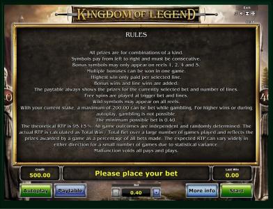 Kingdom of Legends Slot Machine Game Rules Screen