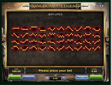 Kingdom of Legends Slot Machine Paylines Screen