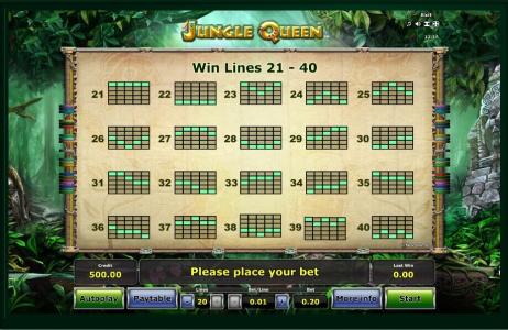 Jungle Queen Slot Machine Paylines Screen