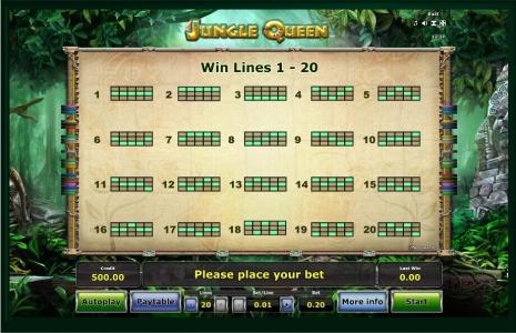 Jungle Queen Slot Machine Paylines Screen