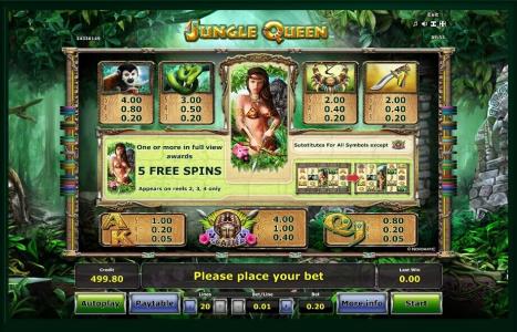 Jungle Queen Slot Machine Paytable Screen