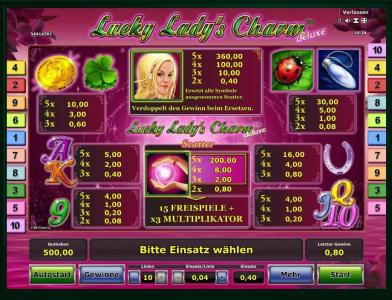 Lucky Ladys Charm deluxe 6 Slot Machine Paytable Screen