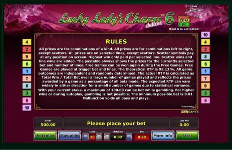 Lucky Ladys Charm deluxe 6 Slot Machine Game Rules Screen