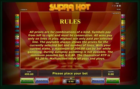 Supra Hot Slot Machine Game Rules Screen