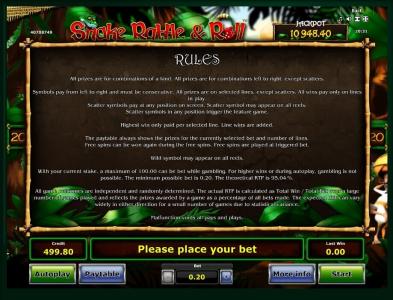 Snake Rattle and Roll Slot Machine Game Rules Screen