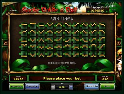 Snake Rattle and Roll Slot Machine Paylines Screen