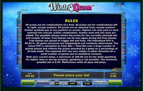 Winter Queen Slot Machine Game Rules Screen