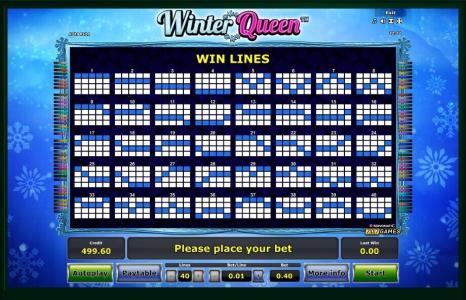 Winter Queen Slot Machine Paylines Screen