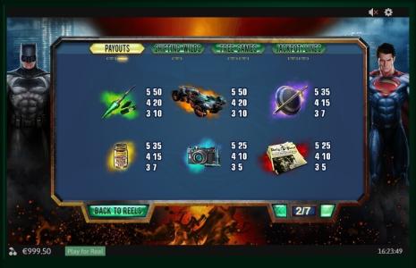 Batman v Superman Dawn of Justice Slot Machine Paytable Screen