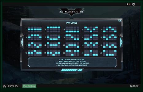 Batman Begins Slot Machine Paylines Screen