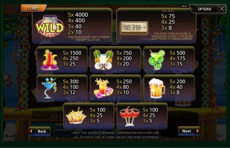 Happy Hour Slot Machine Paytable Screen