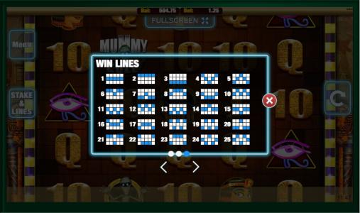 Mummy Gold Slot Machine Paylines Screen