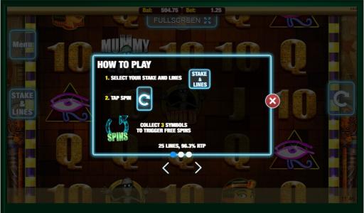 Mummy Gold Slot Machine How to Play Screen