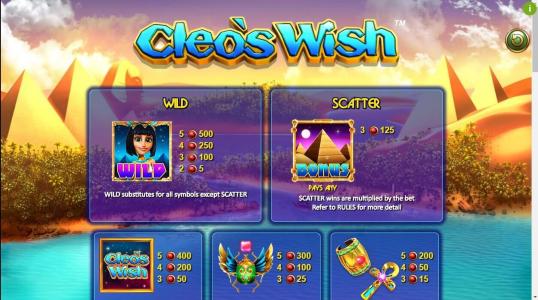 Cleos Wish Slot Machine Scatter Awards and Wild Symbol Screen