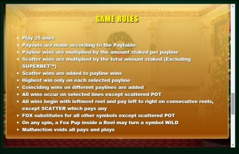 Foxin' Wins Again Slot Machine Game Rules Screen
