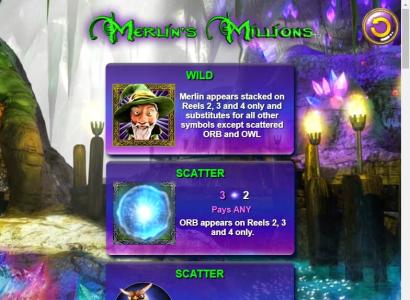 Merlins Millions Superbet HQ Slot Machine Scatter Awards and Wild Symbol Screen