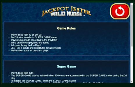 Jackpot Jester Wild Nudge Slot Machine Game Rules Screen