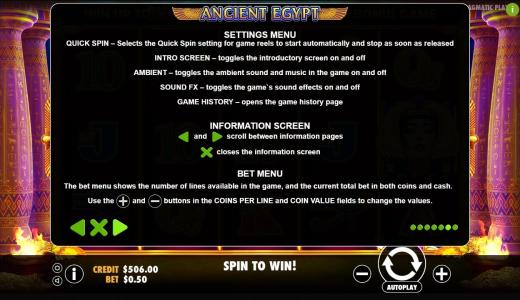 Ancient Egypt Slot Machine Settings and Bet Menu Screen