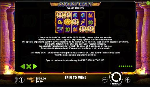 Ancient Egypt Slot Machine Game Rules Screen