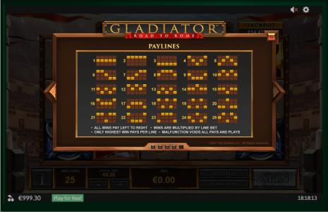 Gladiator Road to Rome Slot Machine Paylines Screen