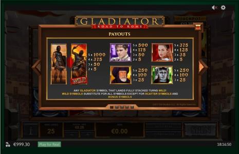 Gladiator Road to Rome Slot Machine Paytable Screen