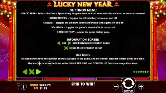 Lucky New Year Slot Machine Lucky New Year Settings Menu Screen