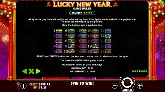 Lucky New Year Slot Machine Paylines Screen