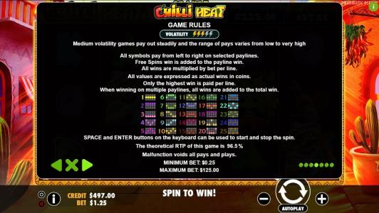 Chilli Heat Slot Machine Game Rules Screen