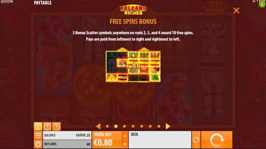 Volcano Riches Slot Machine Free Spins Bonus Screen