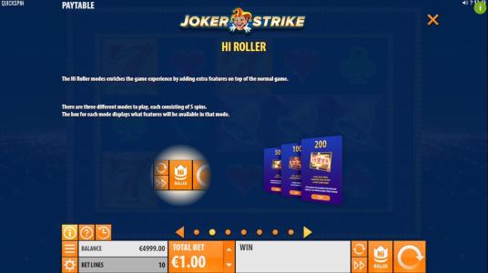 Joker Strike Slot Machine Hi Roller Features Screen