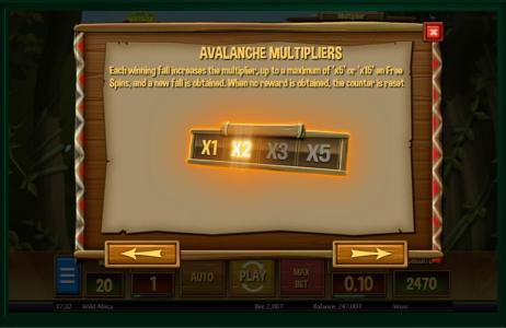 Wild Africa Slot Machine Avalanche Multipliers Feature Screen