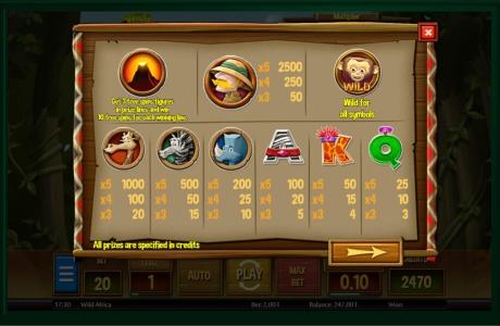 Wild Africa Slot Machine Paytable Screen