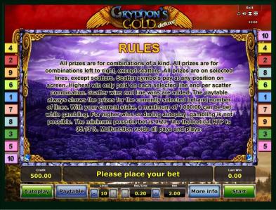 Gryphons Gold deluxe Slot Machine Game Rules Screen