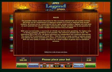 Legend of the Sphinx Slot Machine Game Rules Screen