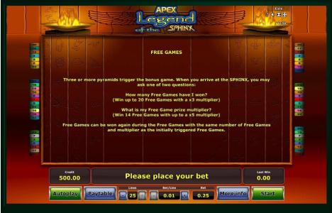 Legend of the Sphinx Slot Machine Free Game Screen