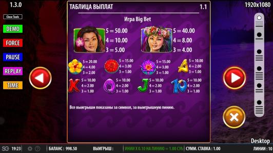 Hula Hula Nights Slot Machine Paytable Screen