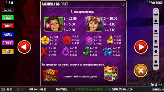 Hula Hula Nights Slot Machine Paytable Screen