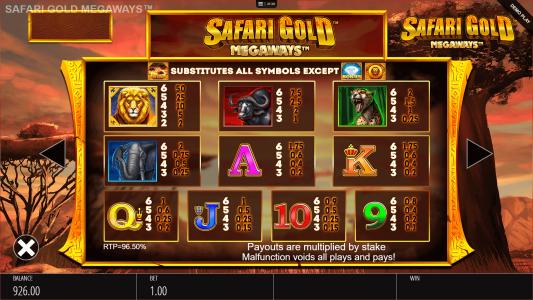 Safari Gold Megaways Slot Machine Paytable Screen