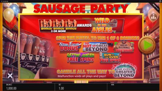Sausage Party Slot Machine Bonus and Free Spins Feature Screen